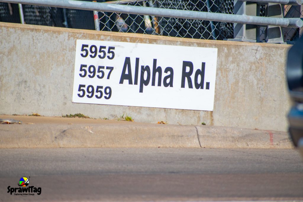 Alpha Road sign in Dallas Texas