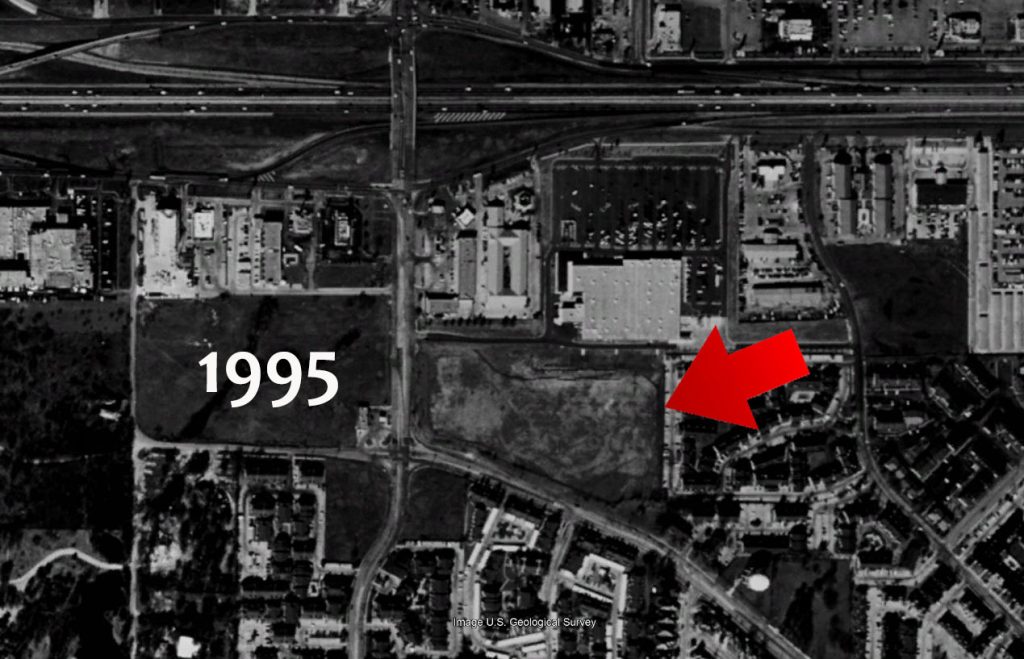 Aerial View of the lot in 1995 showing the early stages of construction for what was to be the a Starplex Theater.