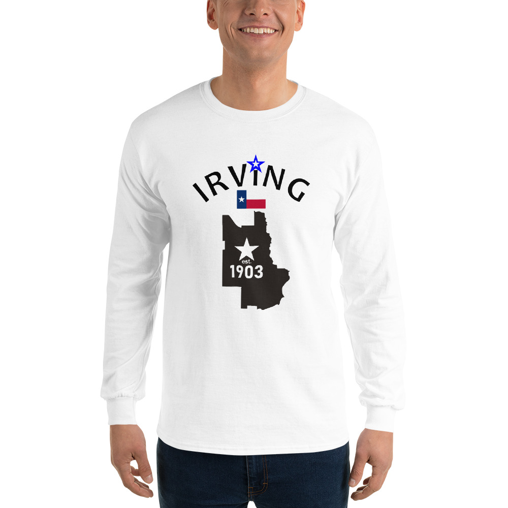 White long-sleeve Irving map and 1903 design shirt.
