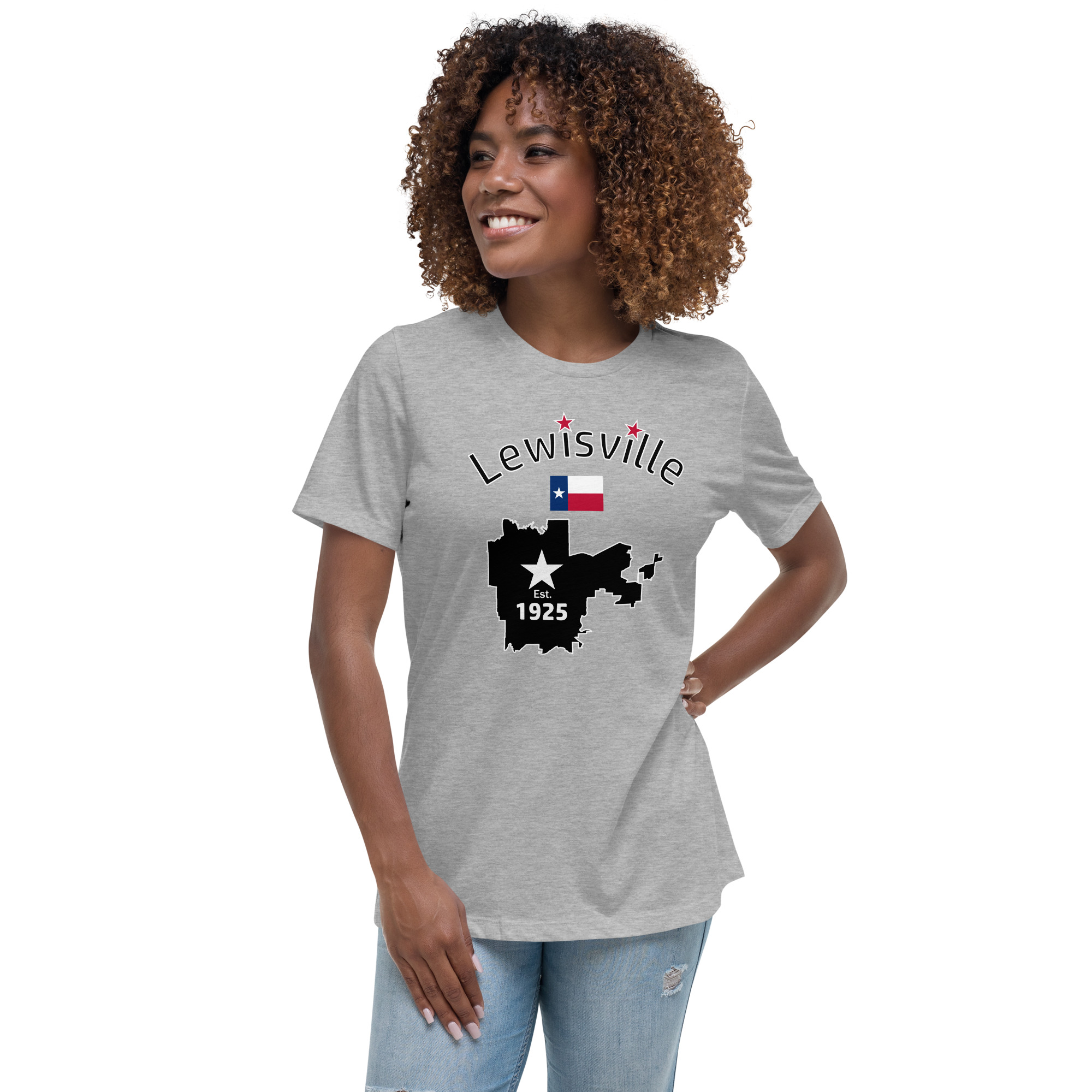 Smiling woman in a Women's Lewisville Heritage Tee with a Texas map design.