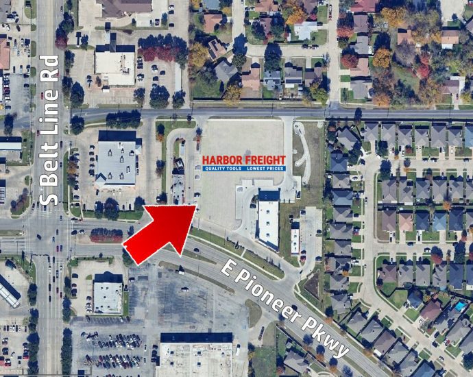 Aerial view of the future Harbor Freight location at 900 East Pioneer Parkway, Grand Prairie. The site is across from El Rancho Supermercado on South Belt Line Road.