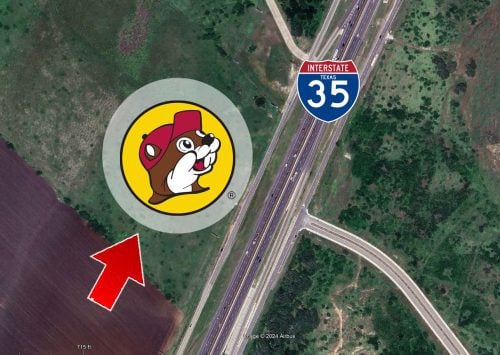 Aerial view indicating the location of the upcoming Buc-ee's Family Travel Center in San Marcos along Interstate 35.