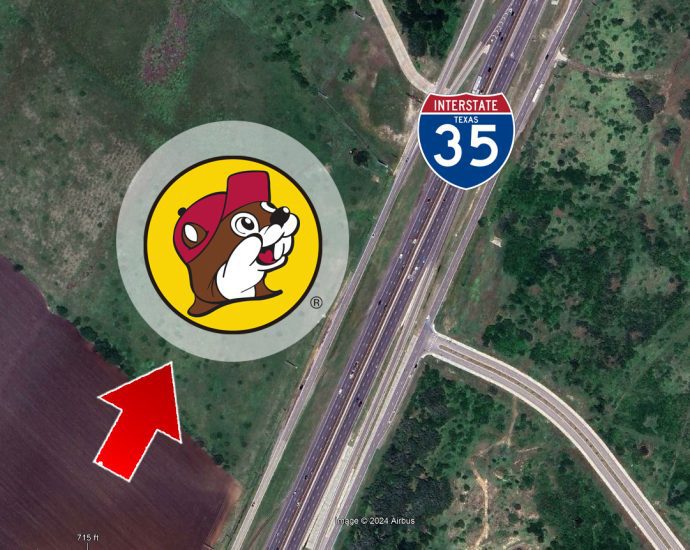 Aerial view indicating the location of the upcoming Buc-ee's Family Travel Center in San Marcos along Interstate 35.