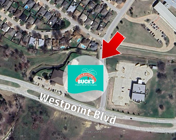 Aerial view of the future Bahama Buck's location at the corner of West Point Boulevard and Blue Haze Drive in Fort Worth, Texas.
