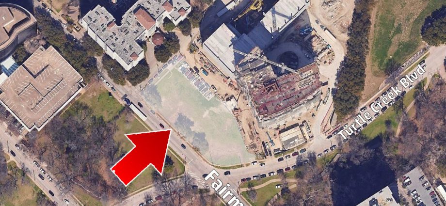 Aerial view of the future site for Vivante Turtle Creek, highlighted with an arrow, showing its proximity to ongoing construction and the surrounding neighborhood in Dallas, Texas.