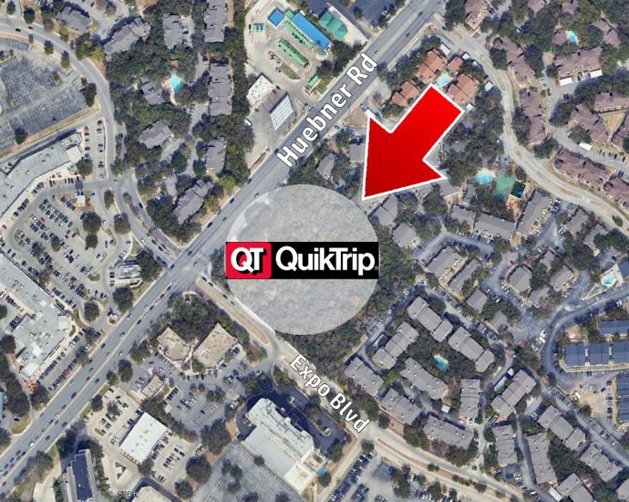 An aerial view highlighting the location of the upcoming QuikTrip at the intersection of Huebner Road and Expo Boulevard in San Antonio. The area surrounding the site has undergone rapid development, transitioning from a rural landscape in the mid-20th century to a busy suburban hub.